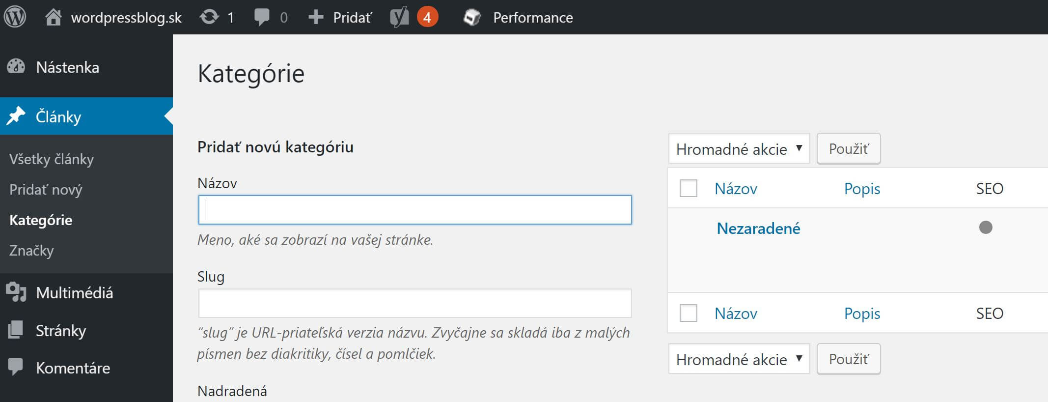 Kategorie WordPress – starszy interfejs